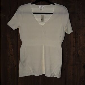 LOFT White V-Neck Short Sleeve Ribbed Waist Knit Top